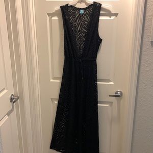 Women LM Beach Swimsuit Coverup Crochet lace maxi size xl color black new